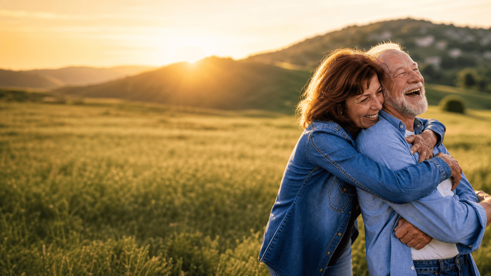 A joyful older couple laughing together in a golden field
