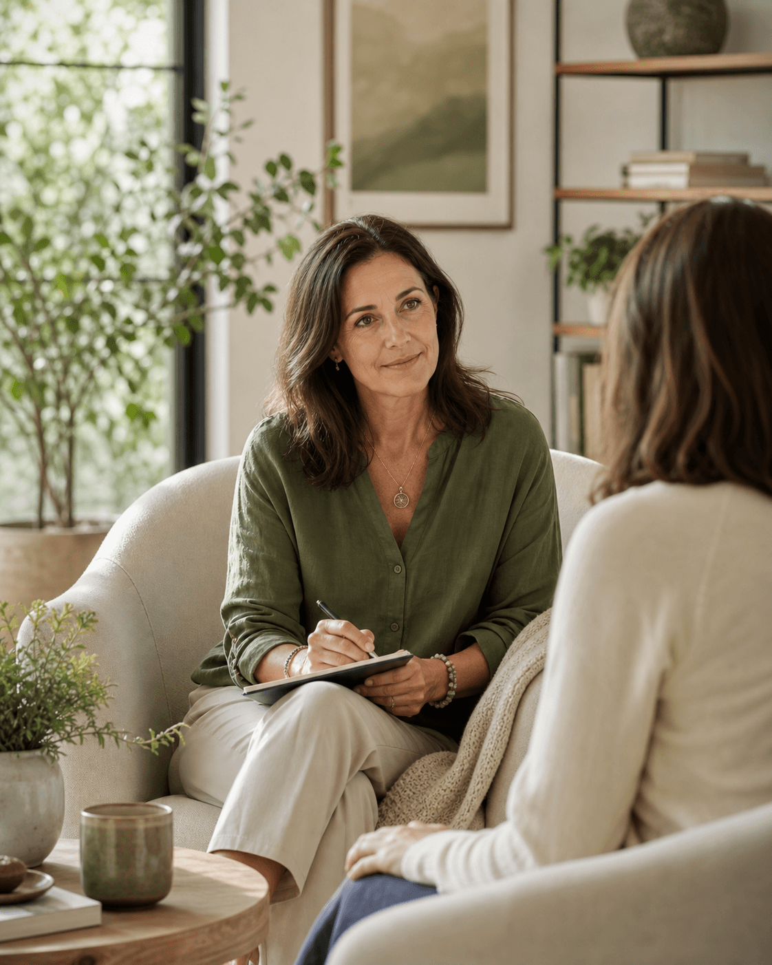 Practitioner offering intuitive guidance in a calm professional consultation room